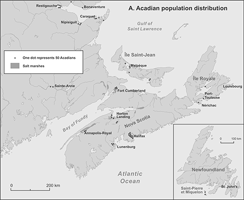 Acadian population distribution: map A
