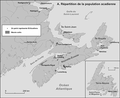 Répartition de la population acadienne: carte A