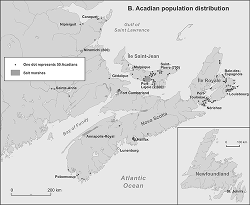 Acadian population distribution: map B