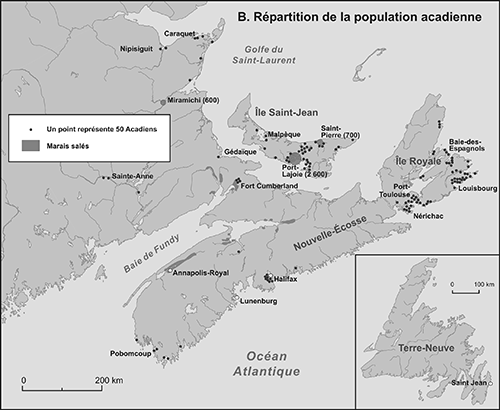 Répartition de la population acadienne: carte B