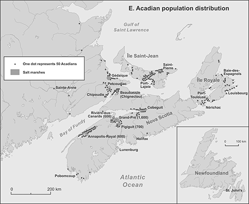 Acadian population distribution: map E