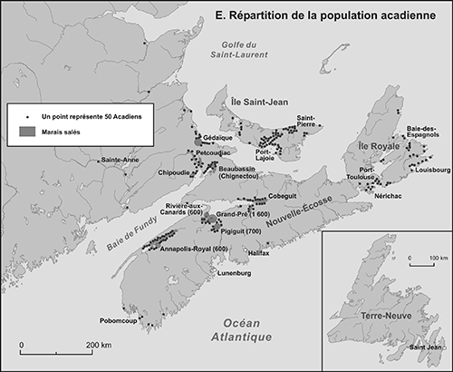 Répartition de la population acadienne: carte E