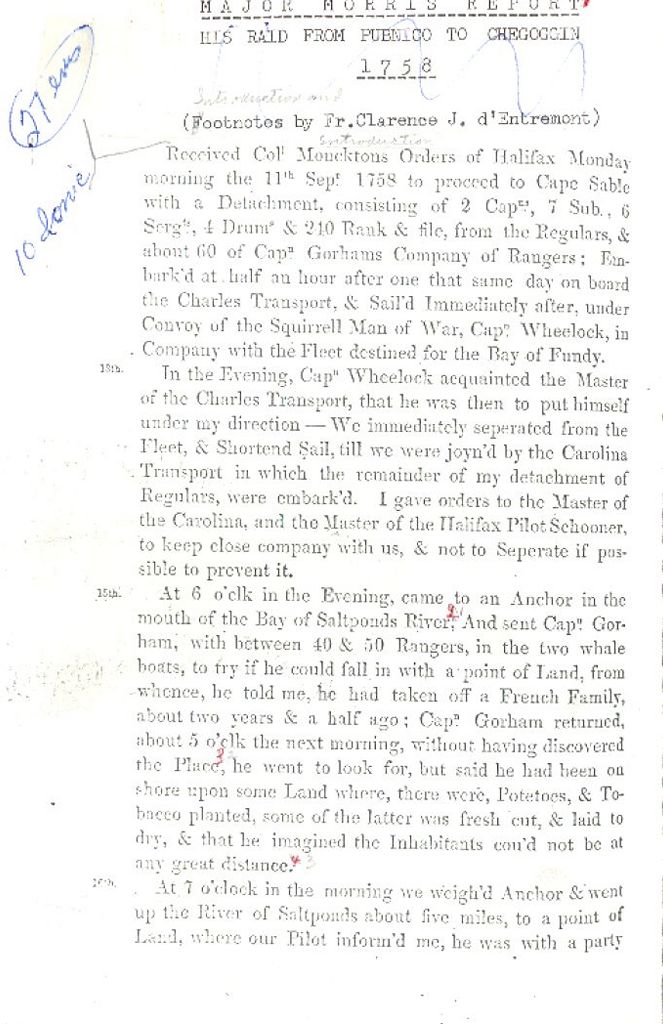 Report by Major Morris concerning the raid in the Pubnico region in 1758