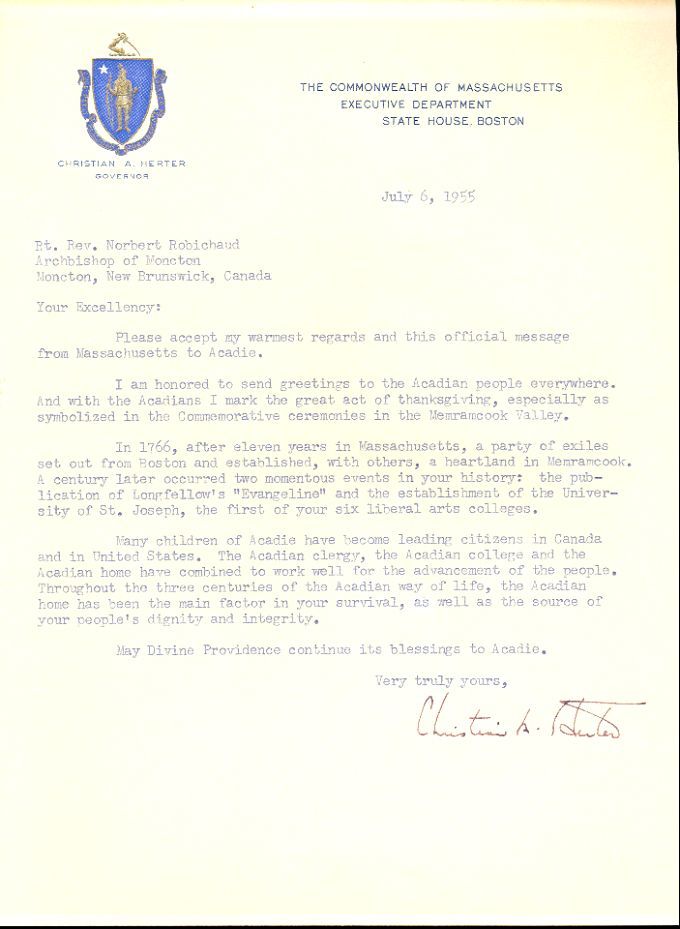 Letter from the Governor of Massachusetts to Moncton's archbishop, 1955