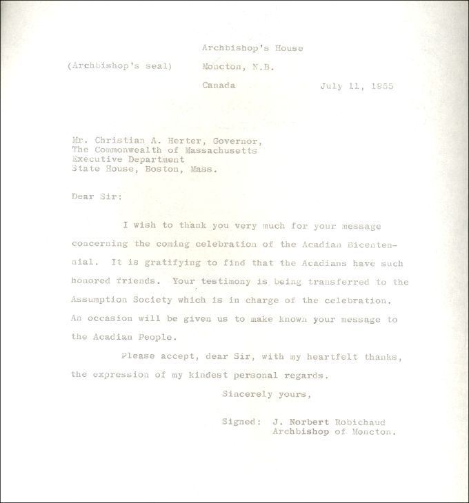 Lettre de l'archevêque de Moncton au gouverneur du Massachusetts, 1955