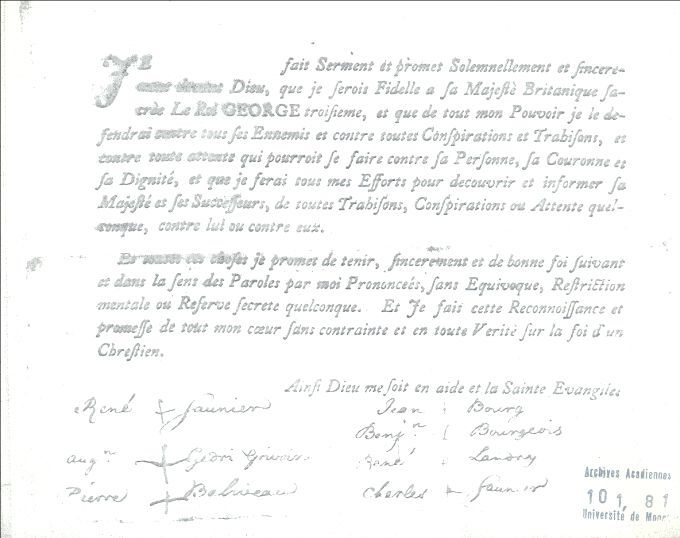 Document légal du serment de fidélité à la Couronne britannique, 1768