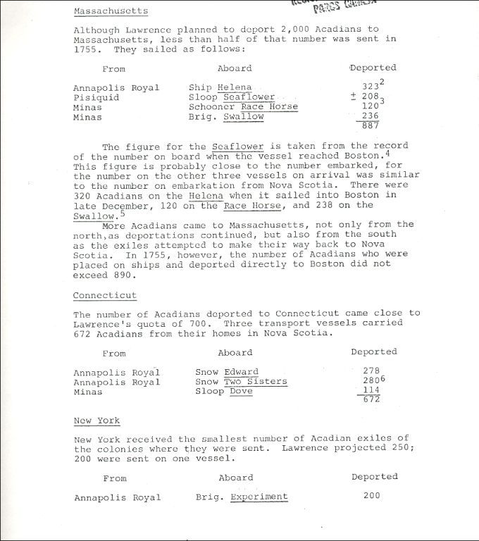 Texte au sujet des bateaux qui ont servi à la Déportation de 1755