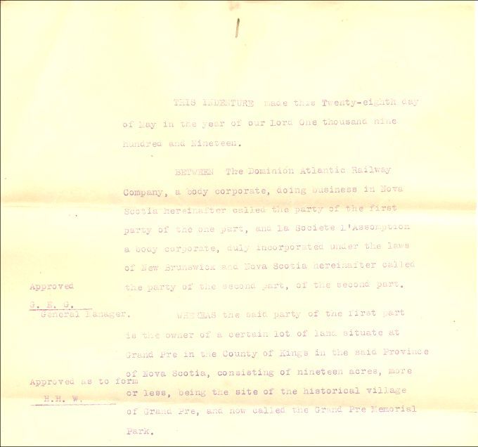 Contrat de vente du terrain de la future église-souvenir de Grand-Pré, 1919