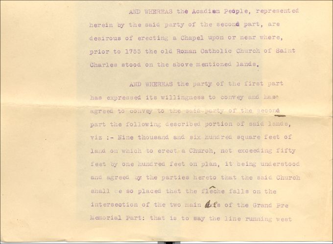 Contrat de vente du terrain de la future église-souvenir de Grand-Pré, 1919