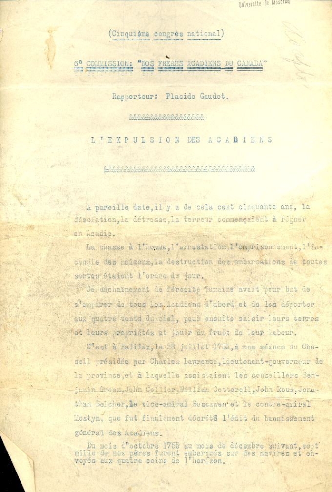 Conférence de Placide Gaudet, cinquième Convention nationale acadienne, 1905