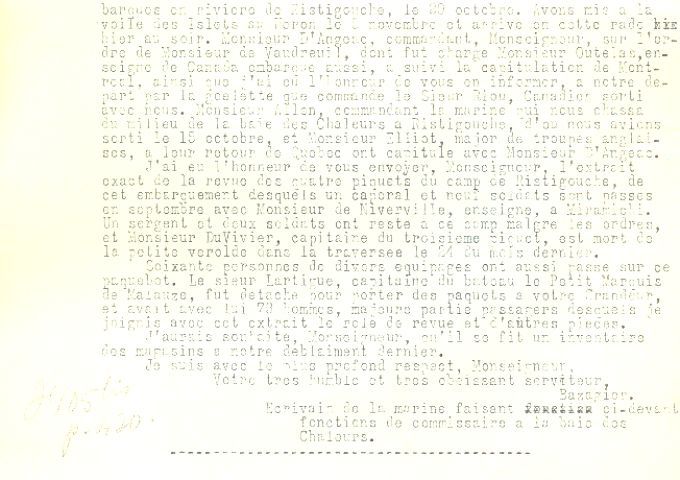 Lettre de Bazagier au ministre de la Marine, 1760