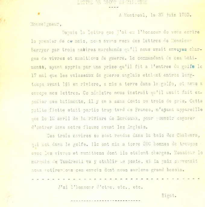 Lettre de Bigot au ministre de la Marine, 1760