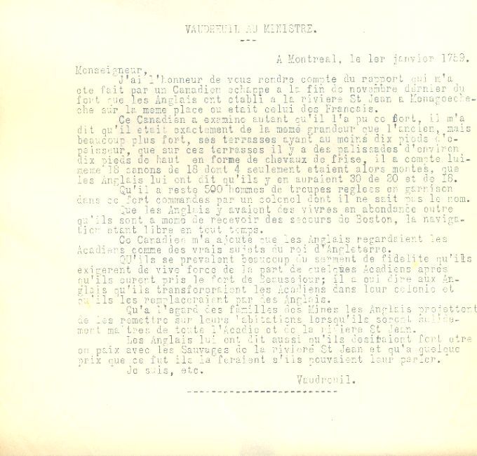Lettre de Vaudreuil au ministre de la Marine, 1759