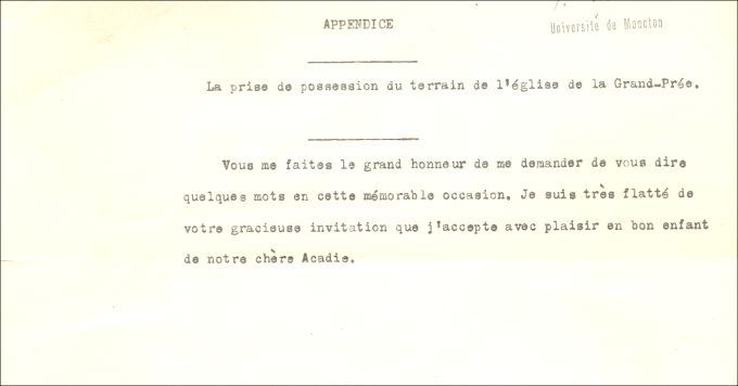 Speech, Placide Gaudet, piece of land of the memorial church at Grand-Pré, 1919