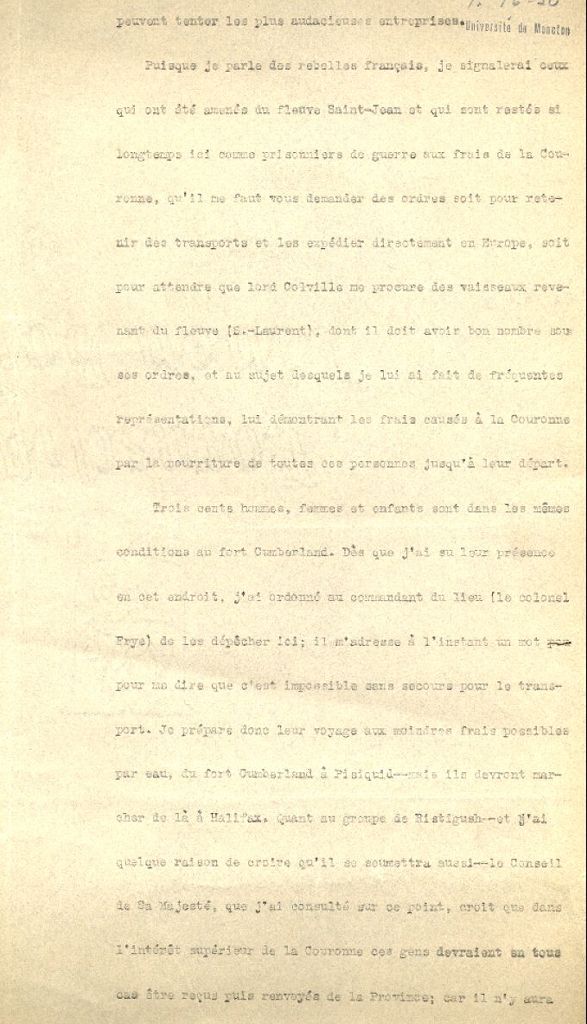 Lettre de Lawrence à Amherst, 1760