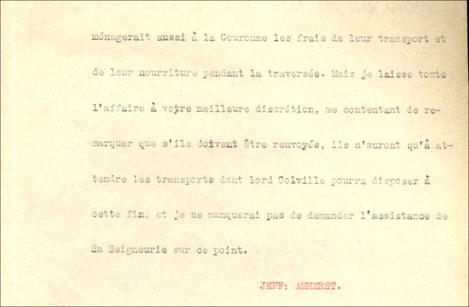 Lettre de Amherst à Lawrence, 1760