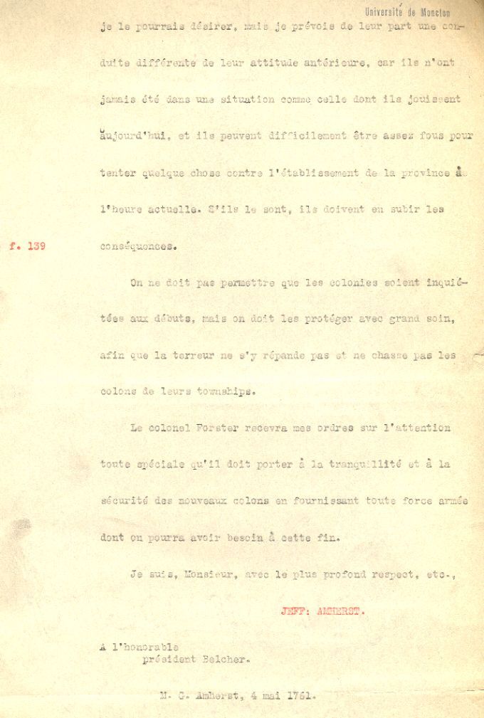 Lettre de Amherst à Belcher, 1761