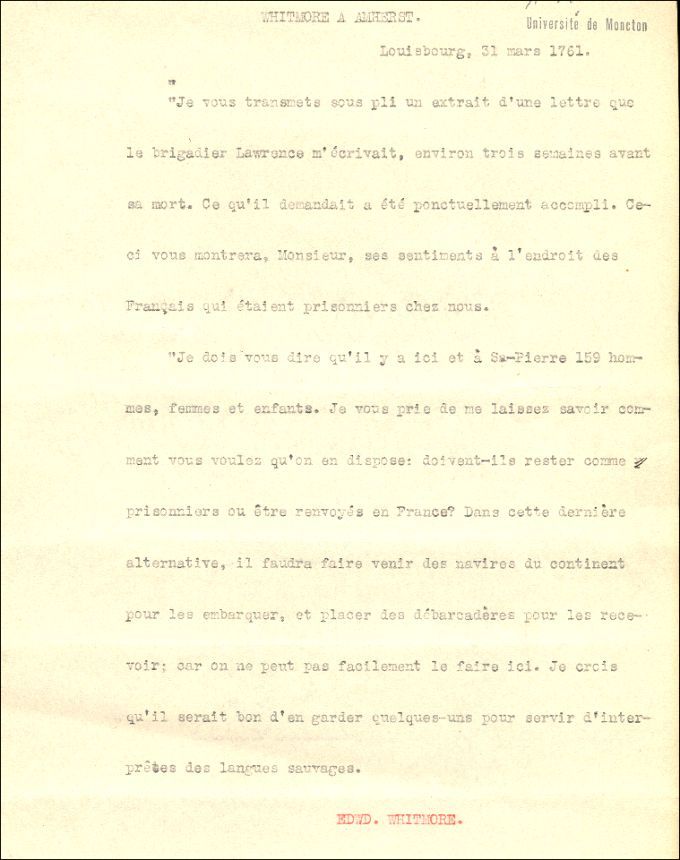 Lettre de Whitmore à Amherst, 1761