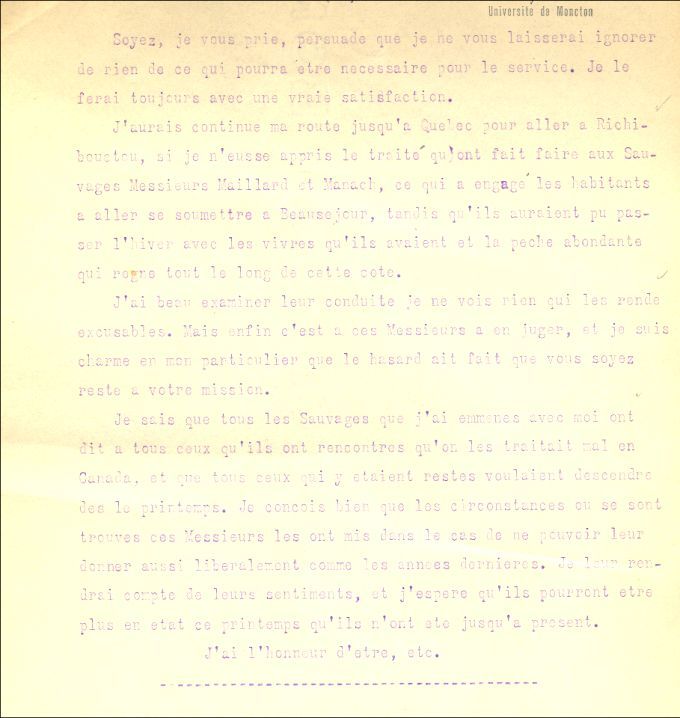 Lettre de Boishébert à Germain, 1760