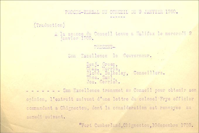 Procès-verbal du Conseil de la Nouvelle-Écosse, 1760
