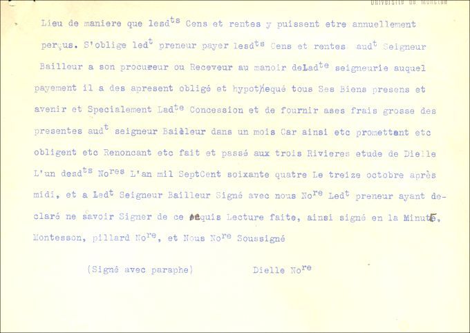 Concession de terre accordée à des Acadiens, Bécancour (Québec), 1764