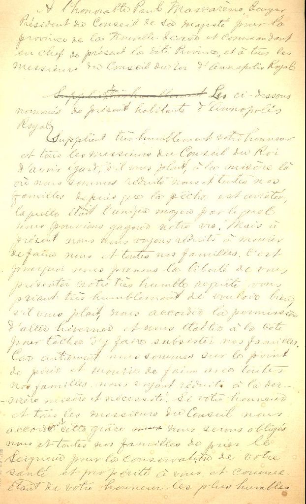 Petition by Acadians from Annapolis Royal, N.S., to Mascarène, 1740