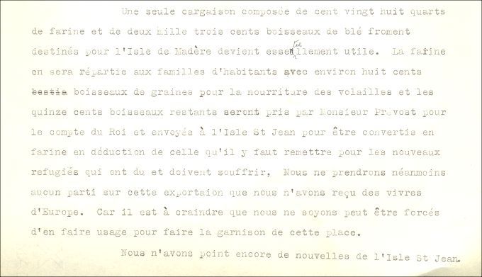Lettre de Drucour et de Prevost au ministre de la Marine, 1757