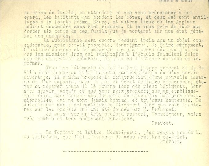 Letter from Prevost to the Naval Minister, 1756