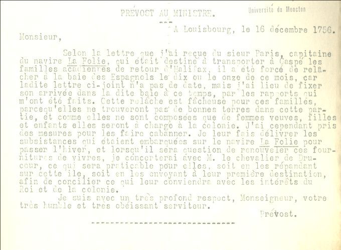 Lettre de Prevost au ministre de la Marine, 1756