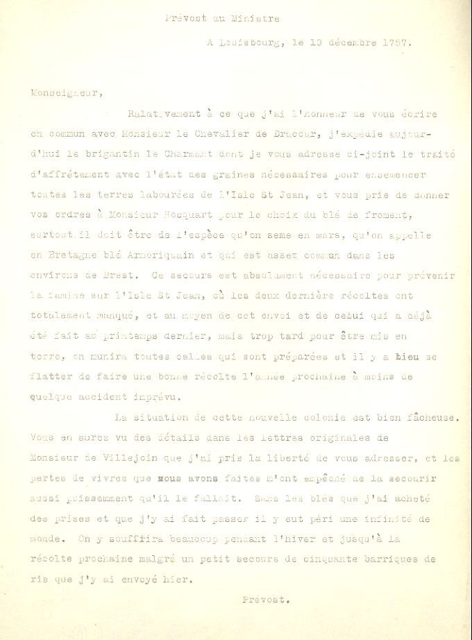 Lettre de Prevost au ministre de la Marine, 1757