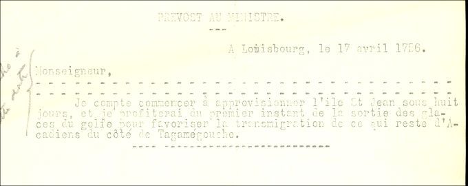 Lettre de Prevost au ministre de la Marine, 1756