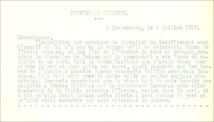 Lettre de Prevost au ministre de la Marine, 1757