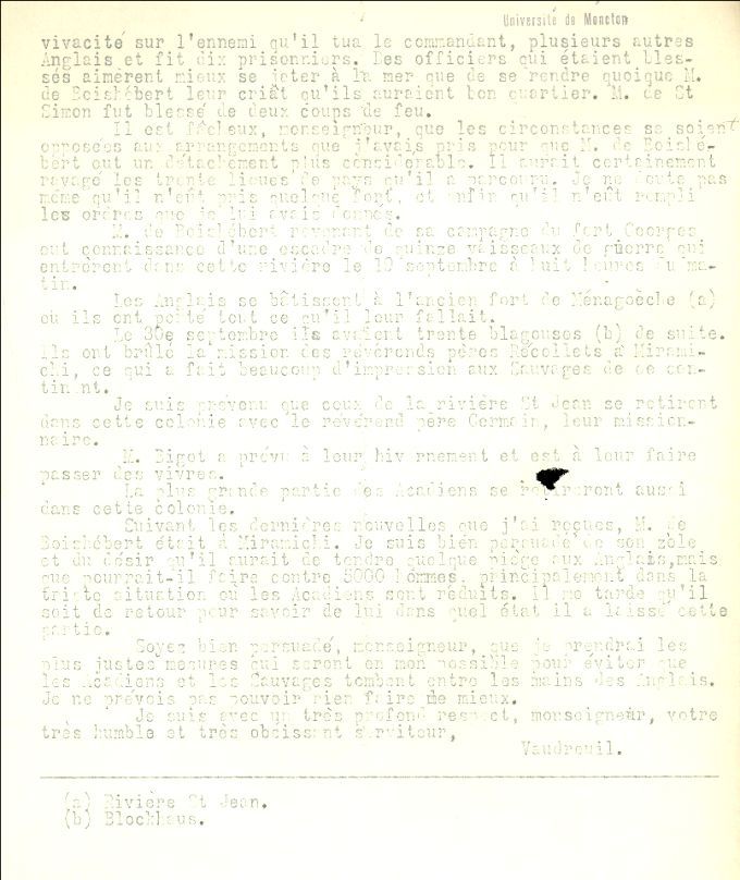 Lettre de Vaudreuil au ministre de la Marine, 1758