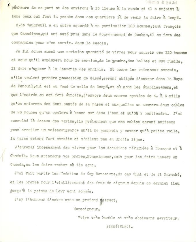 Lettre de Bigot au ministre de la Marine, 1756