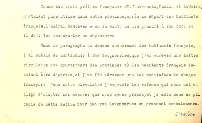 Lettre de Lawrence aux Lords du Commerce, 1755
