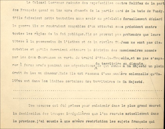 Lettre de Shirley à Robinson, 1755