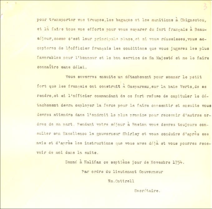 Lettre de Lawrence à Monckton, 1754