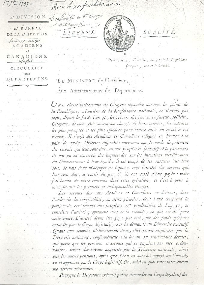 Lettre de Neufchâteau aux administrateurs des Départements, 1797