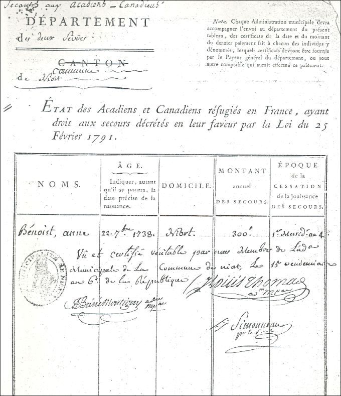 Administrative register, Acadian refugees in France, 1798