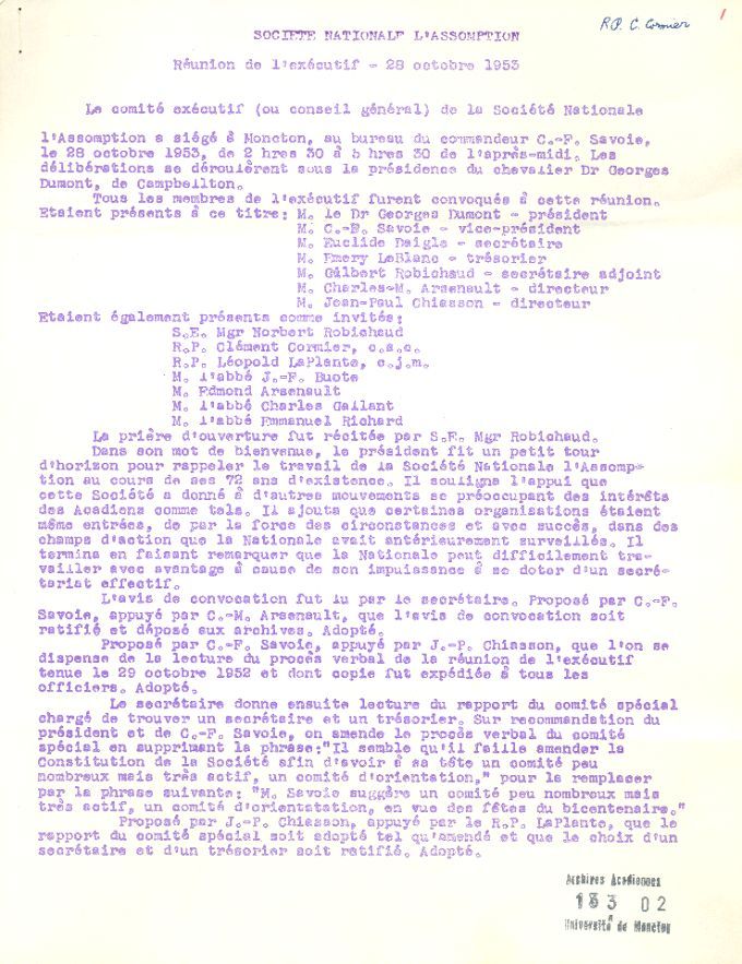 Minutes, Société Nationale de l'Assomption, 1953