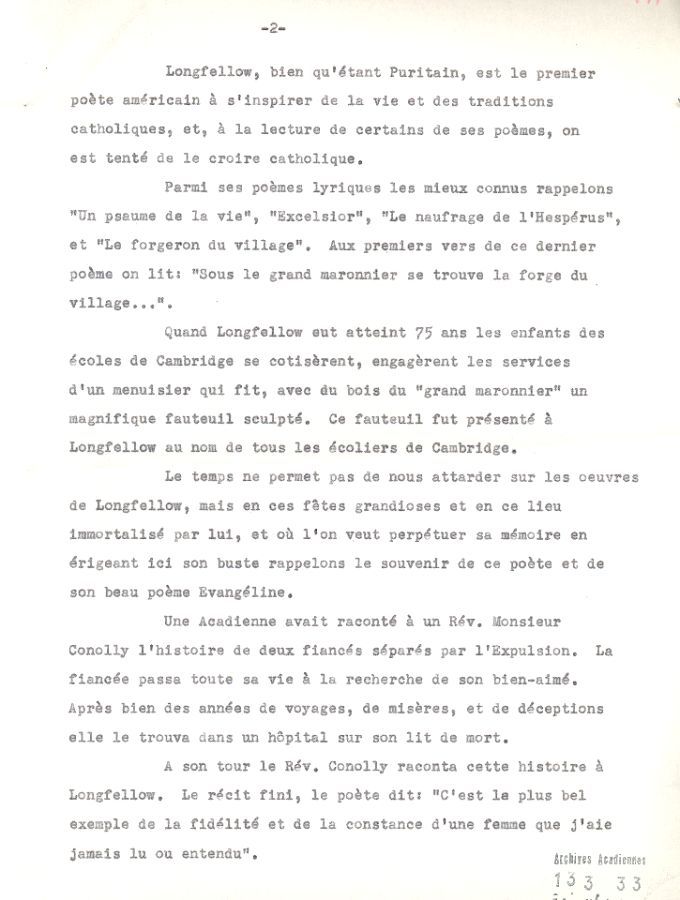 Discours, Willie J. Belliveau, monument Longfellow, 1955