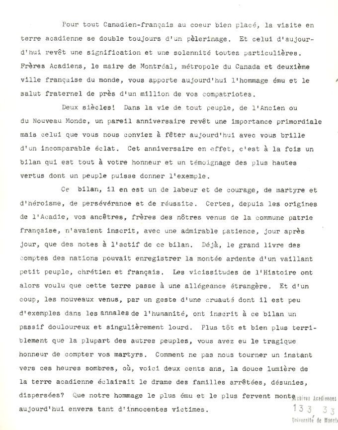 Discours, Jean Drapeau, bicentenaire de la Déportation, 1955