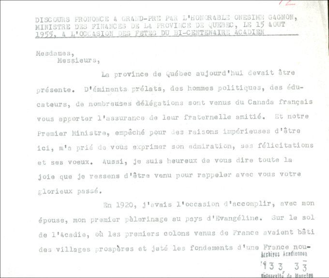 Discours, Onésime Gagnon, bicentenaire de la Déportation, 1955