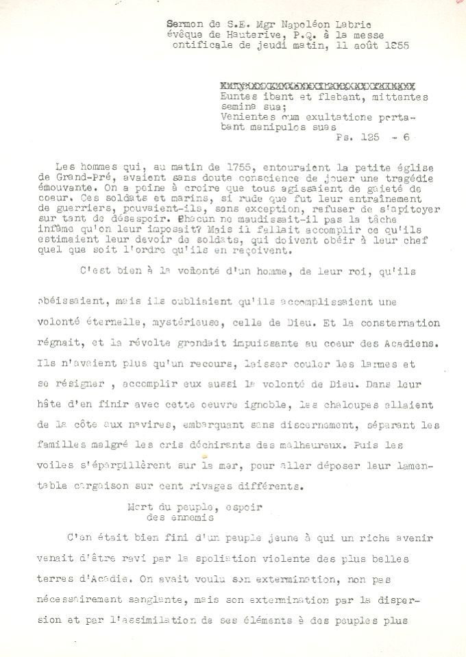 Discours, Mgr Labrie, bicentenaire de la Déportation, 1955