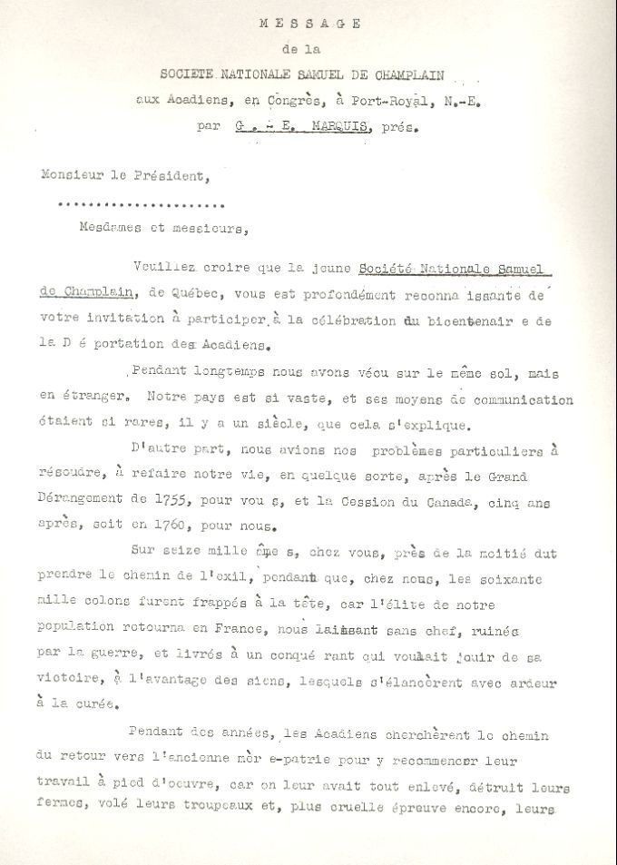 Speech, Georges-Émile Marquis, Deportation's bicentennial, 1955