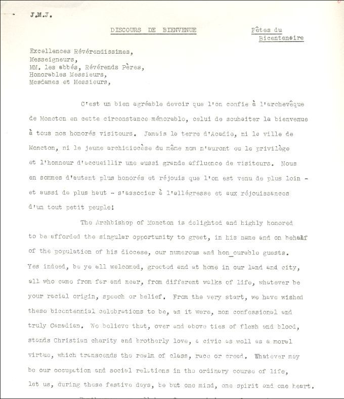 Discours de bienvenue, Mgr Robichaud, bicentenaire de la Déportation, 1955