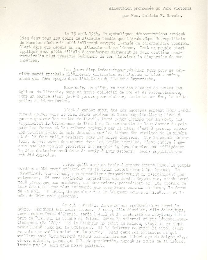 Speech, Calixte F. Savoie, Deportation's bicentennial, 1955