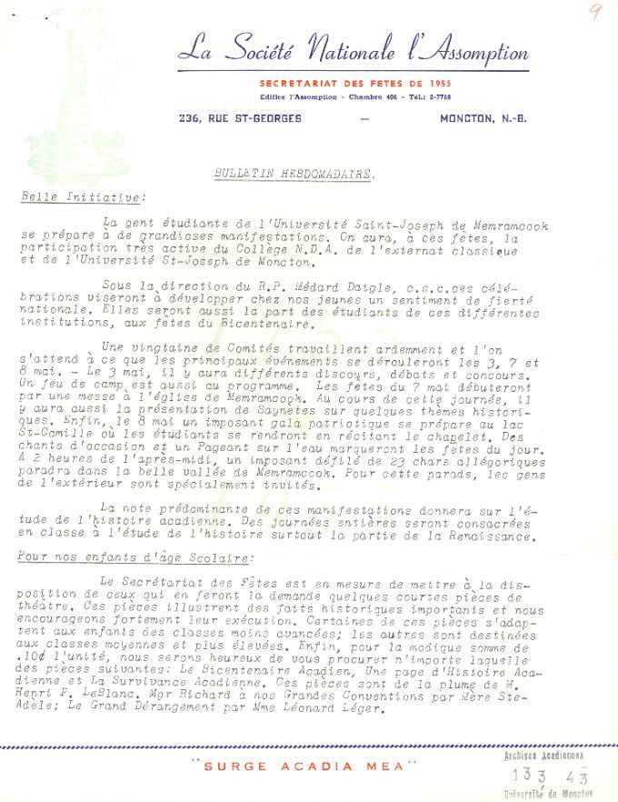 Bulletin hebdomadaire, bicentenaire de la Déportation, 1955