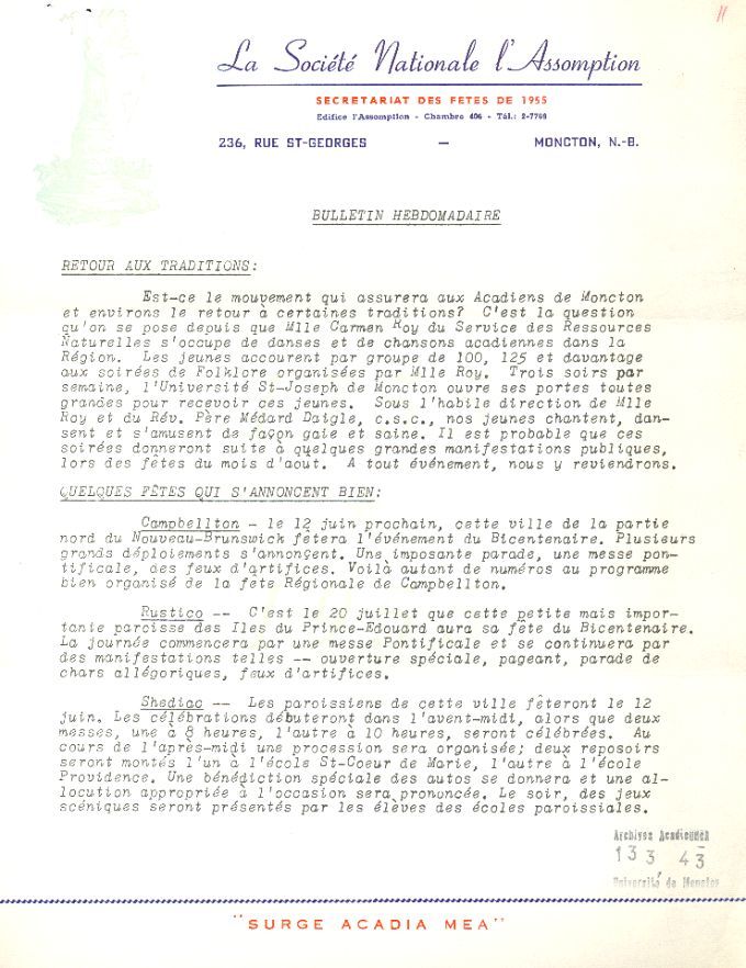 Bulletin hebdomadaire, bicentenaire de la Déportation, 1955