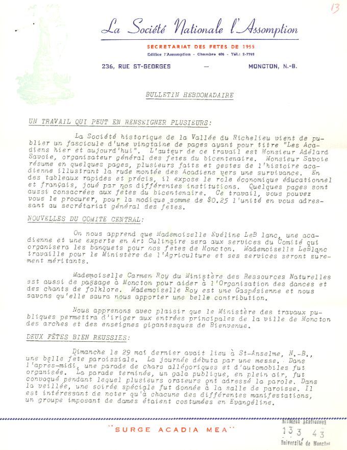 Bulletin hebdomadaire, bicentenaire de la Déportation, 1955
